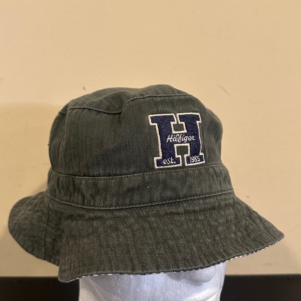 Tommy Hilfiger Mens Gray Herringbone Bucket Hat Embroidered Logo Size S M